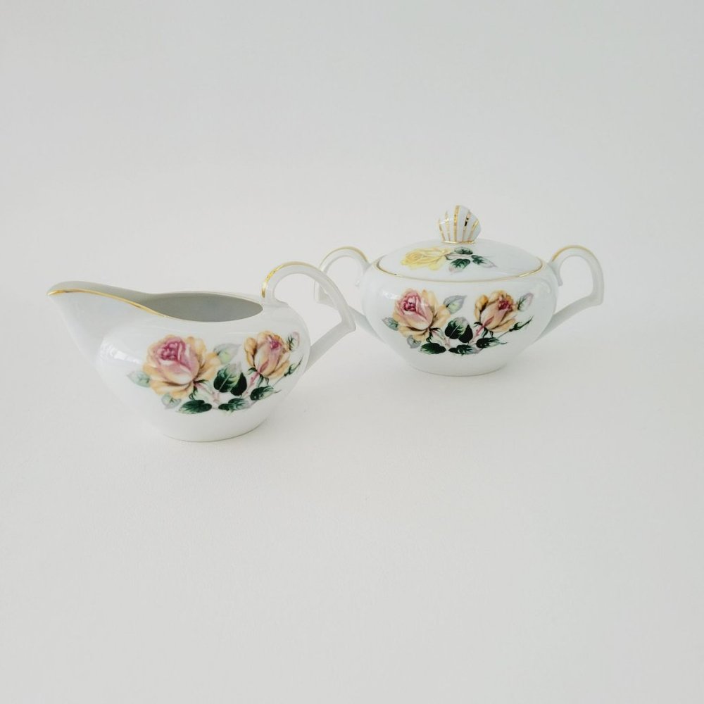 Narumi Kent Yellow Rose Creamer & Sugar Bowl, Peach Garden Flowers Tea Party